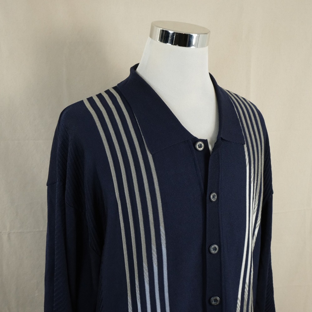 Creme De Silk 3X Silk Blend Cardigan Sweater Shirt Blue Striped Knit Mens